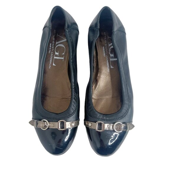 AGL Monika Cap Toe Ballet Flat Black Leather Bronze Buckle Women's Size 9.5 - Picture 1 of 9